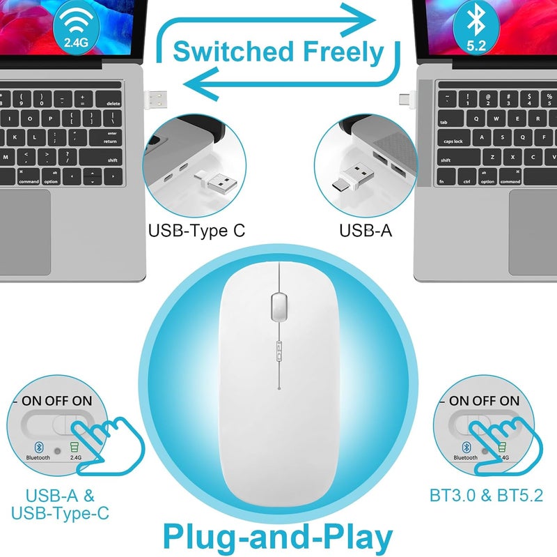 Normdecos Mouse for MacBook Wireless Bluetooth Mouse Laptop MacBook Air Mac Pro Rechargeable Silent PC iPad Optical Mice with Dual Mode Switch Bluetooth 5.2/3.0 and 2.4GHz USB Type-C Receiver Black - Image 3